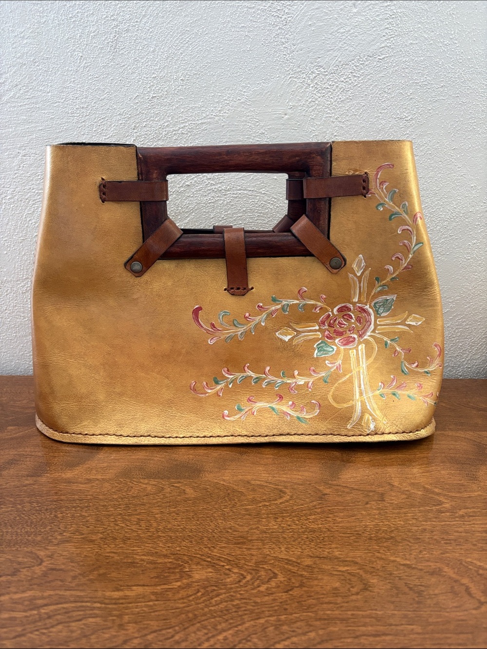 Wabags Y2K Leather Hand Painted Floral Gold Purse Wood Handle Thailand Boho